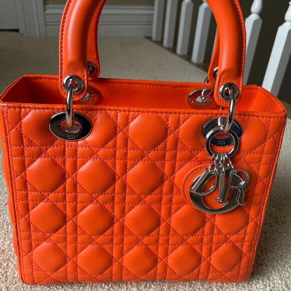Authentic like new Lady Dior Medium Lambskin Leather Bag Orange - Picture 1 of 15